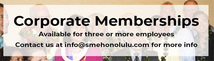 SME Honolulu corporate memberships banner promoting business networking memberships in Waikiki Honolulu Hawaii for companies with three or more employees and contact information for inquiries