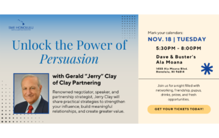 Gerald “Jerry” Clay speaking at SME Honolulu networking event in Waikiki Honolulu Hawaii at Dave & Buster’s Ala Moana, negotiation and persuasion strategies for sales and marketing professionals