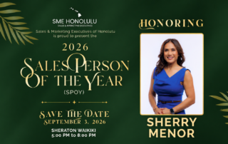 Salesperson of the Year Honolulu 2026 SPOY event poster featuring Sherry Menor portrait, SME Honolulu sales leadership award Sheraton Waikiki Honolulu Hawaii