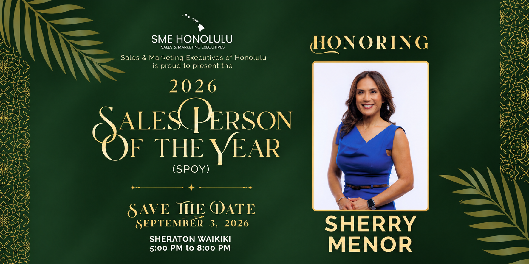 2026 Salesperson of the Year SPOY event Honolulu featuring Sherry Menor portrait, SME Honolulu sales leadership award Sheraton Waikiki Hawaii business recognition
